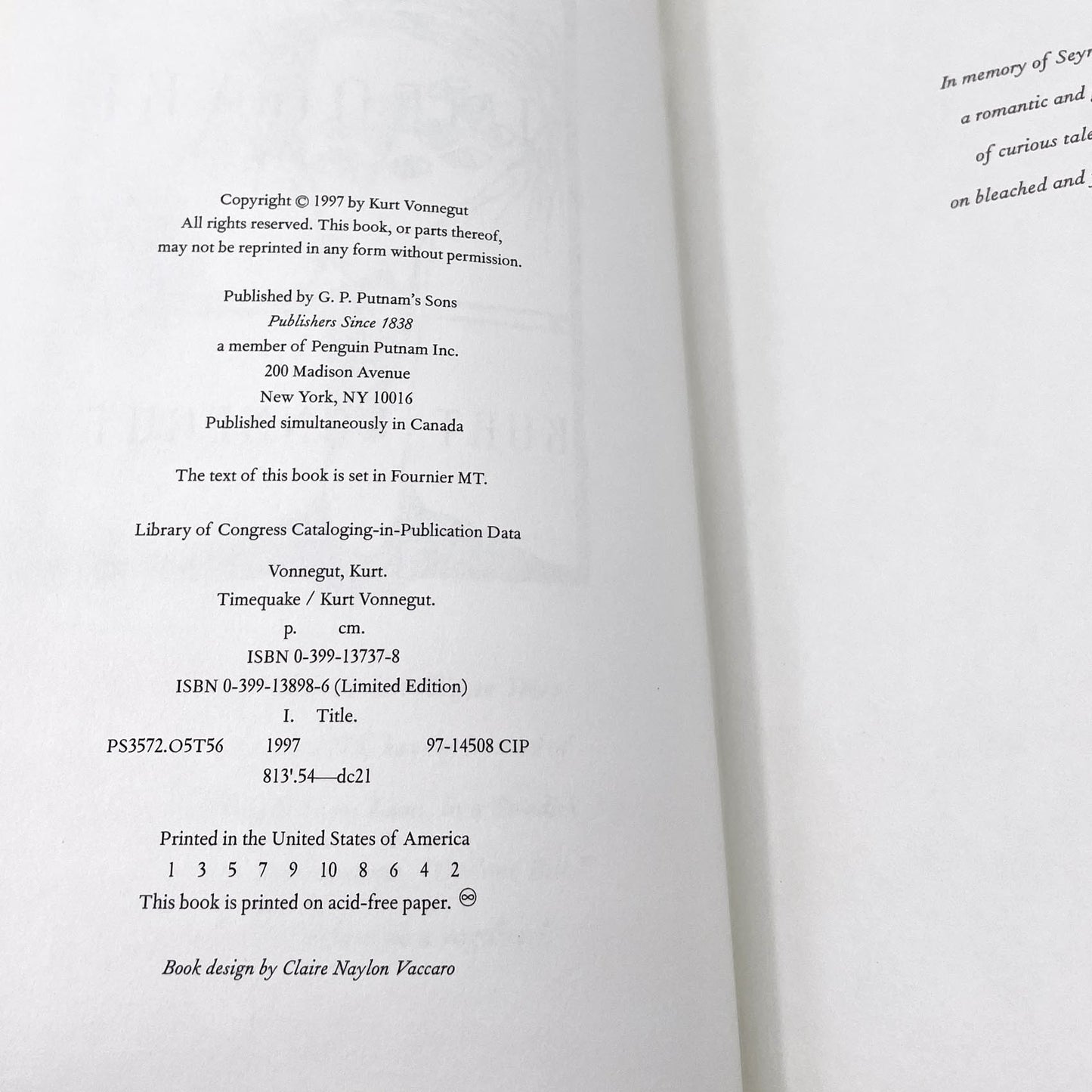 Timequake by Kurt Vonnegut [FIRST EDITION • FIRST PRINTING] 1997 • G.P. Putnam's Sons