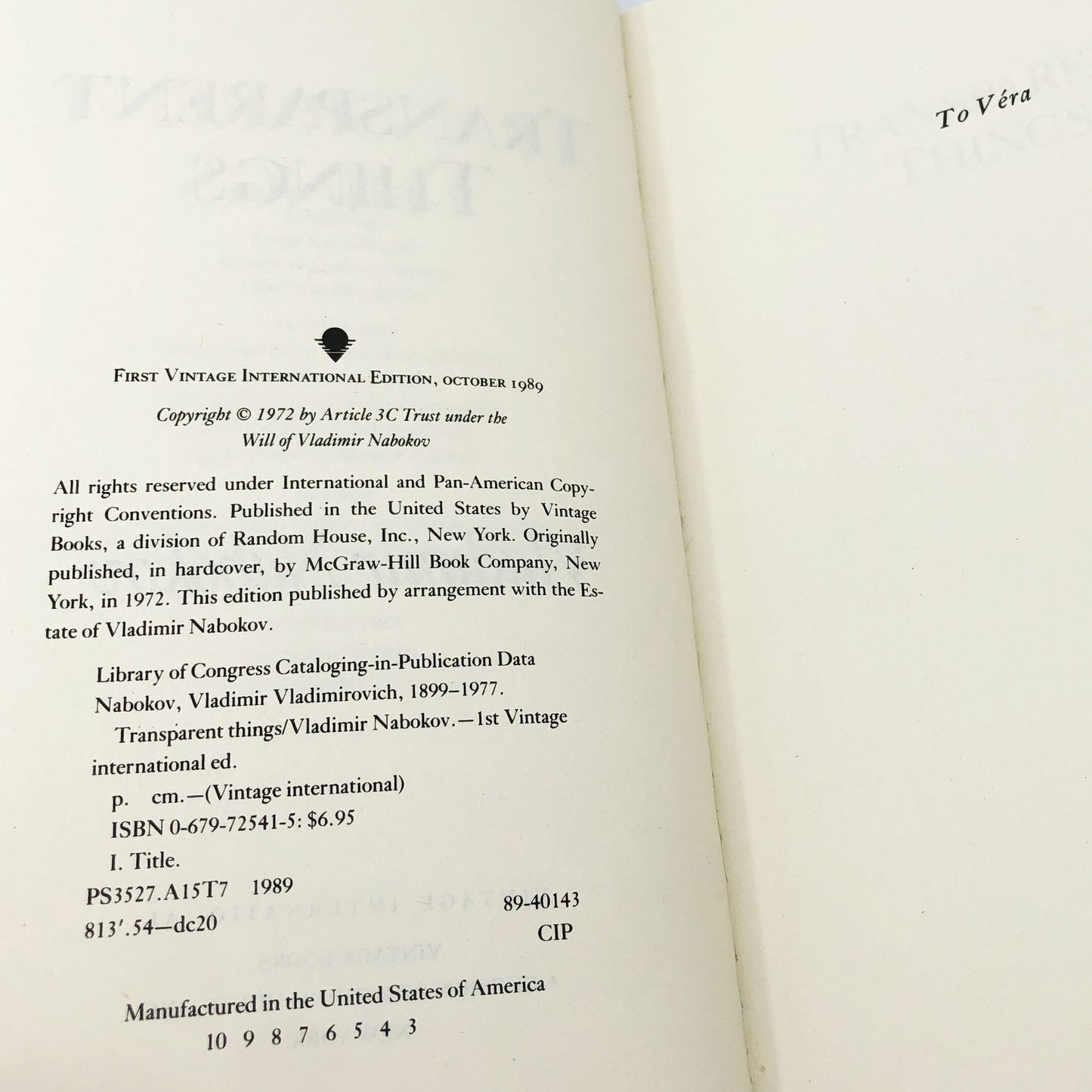 Transparent Things by Vladimir Nabokov [TRADE PAPERBACK] 1989 • Vintage Intl • Rare Cover!