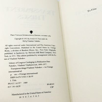 Transparent Things by Vladimir Nabokov [TRADE PAPERBACK] 1989 • Vintage Intl • Rare Cover!