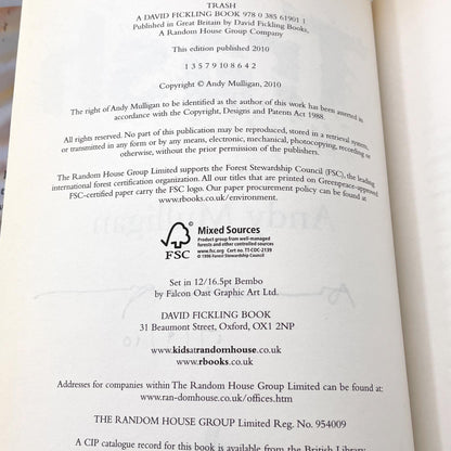 Trash by Andy Mulligan SIGNED! [LIMITED U.K. FIRST EDITION • FIRST PRINTING] 2010 • David Fickling Books