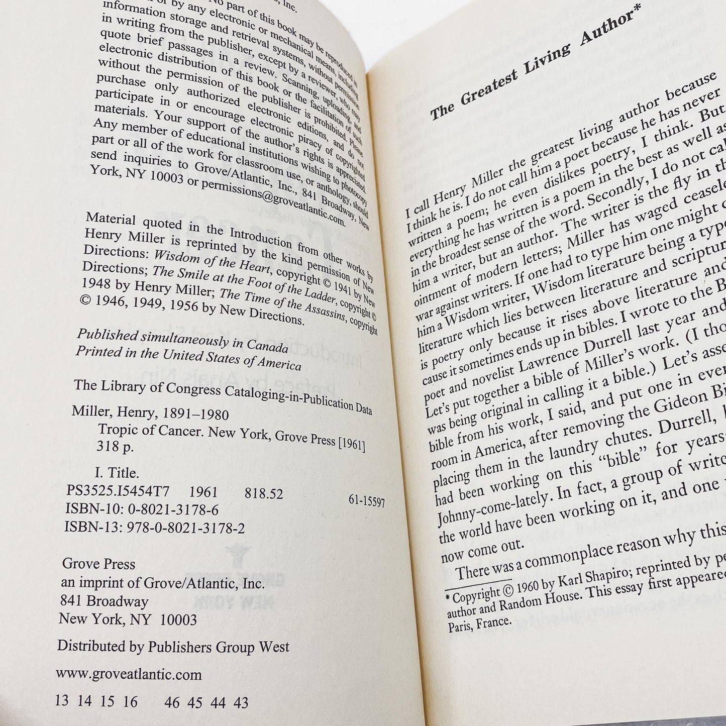 Tropic of Cancer by Henry Miller [TRADE PAPERBACK] 1999 • Grove Press
