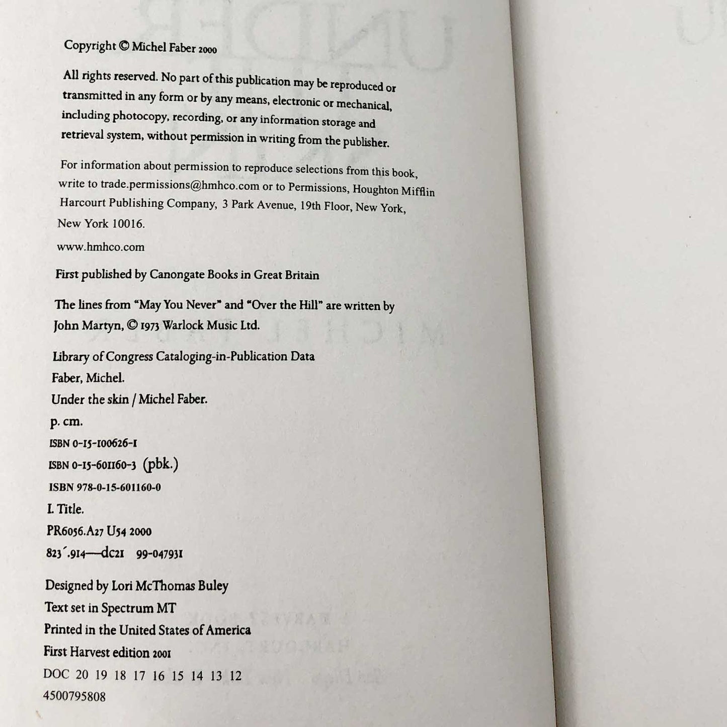 Under the Skin by Michel Faber [TRADE PAPERBACK] 2001 • Harvest Books