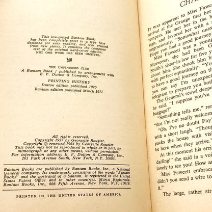 The Unfinished Clue by Georgette Heyer [FIRST U.S. PAPERBACK PRINTING] 1971 • Bantam Books