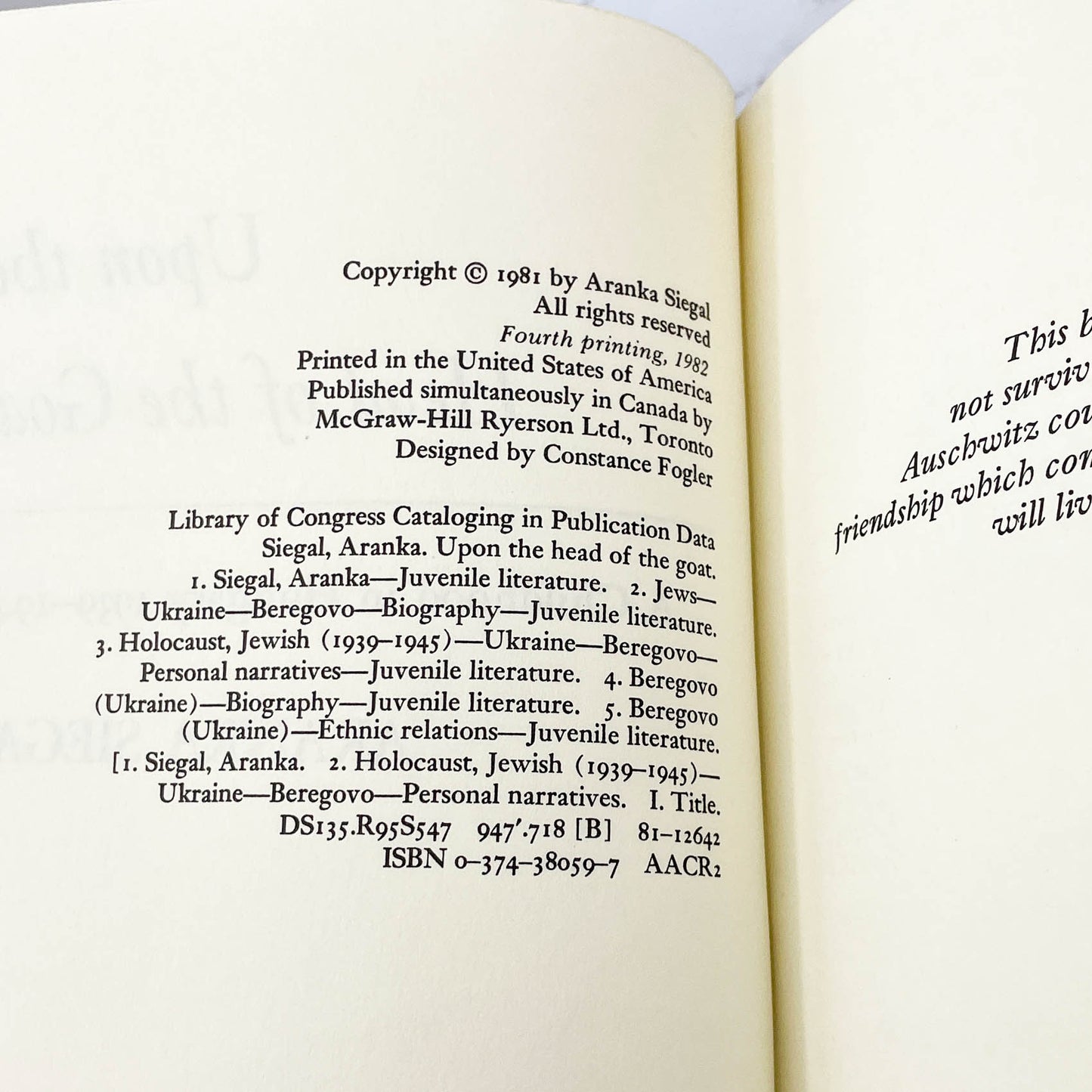 Upon the Head of the Goat: A Childhood in Hungary (1939-1944) by Aranka Siegal [FIRST EDITION] 1981 • FSG