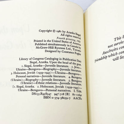 Upon the Head of the Goat: A Childhood in Hungary (1939-1944) by Aranka Siegal [FIRST EDITION] 1981 • FSG