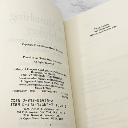 The Vanishing Hitchhiker: American Urban Legends & Their Meanings by Jan Harold Brunvand [FIRST EDITION PAPERBACK] 1981 • W.W. Norton