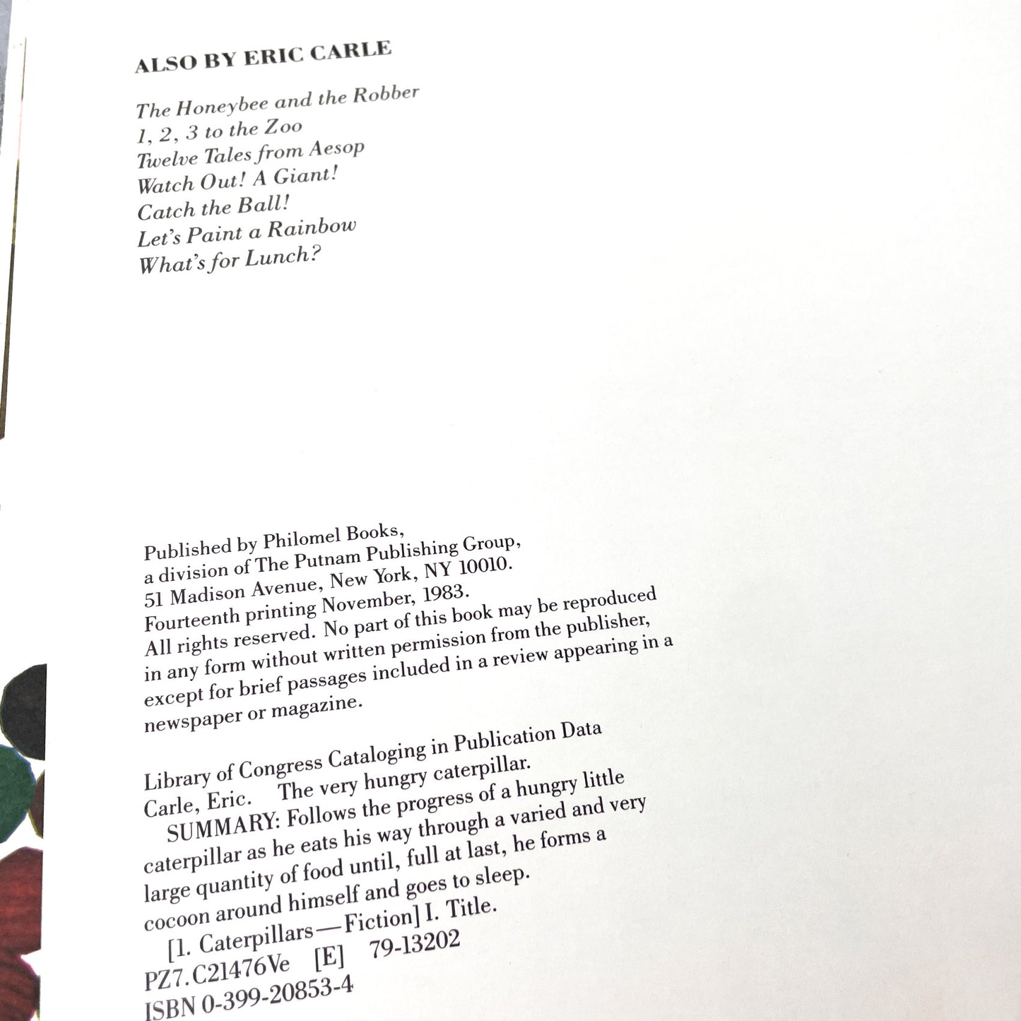 The Very Hungry Caterpillar by Eric Carle [SECOND EDITION HARDCOVER] 1983 • Philomel Books