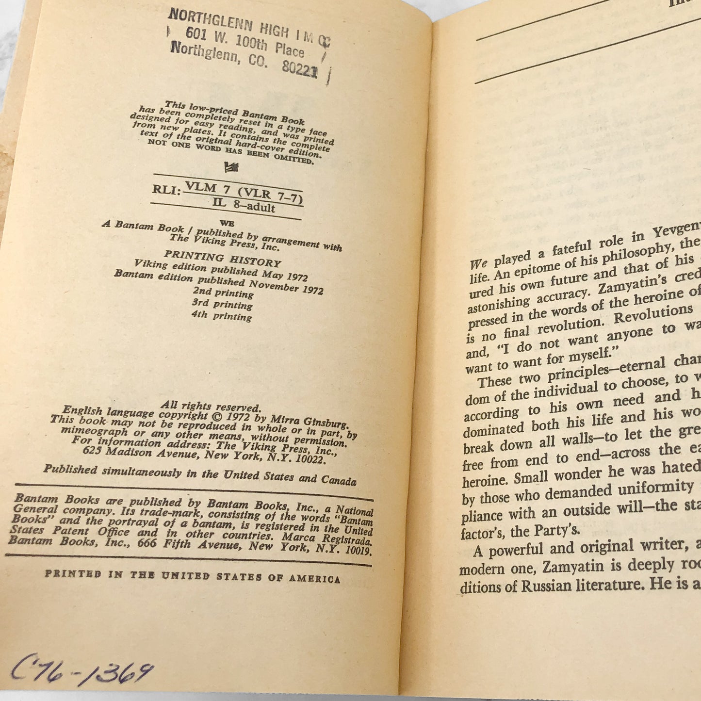 We by Yevgeny Zamyatin [FIRST U.S. PAPERBACK EDITION] 1972 • Bantam