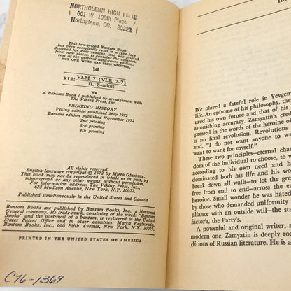 We by Yevgeny Zamyatin [FIRST U.S. PAPERBACK EDITION] 1972 • Bantam