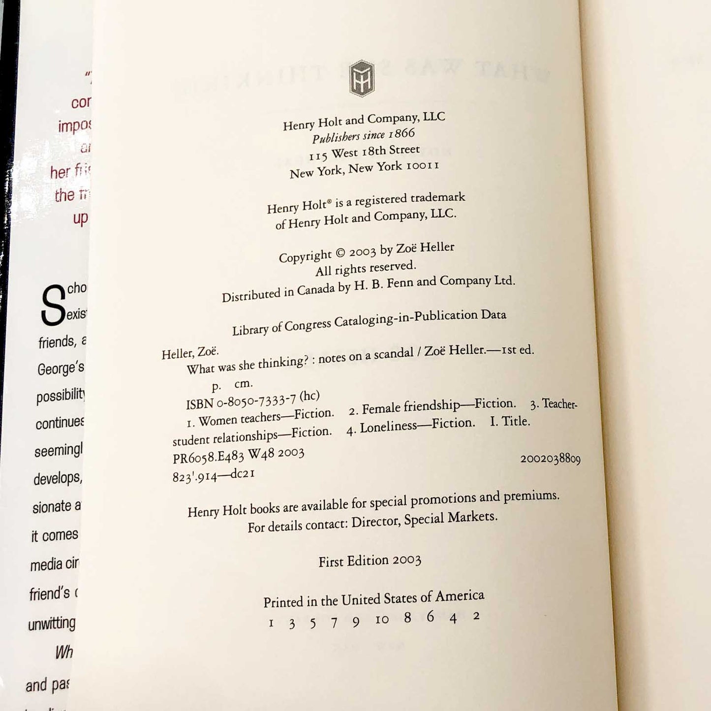 What Was She Thinking? [Notes on a Scandal] by Zoë Heller [FIRST EDITION • FIRST PRINTING] 2003 • Henry Holt