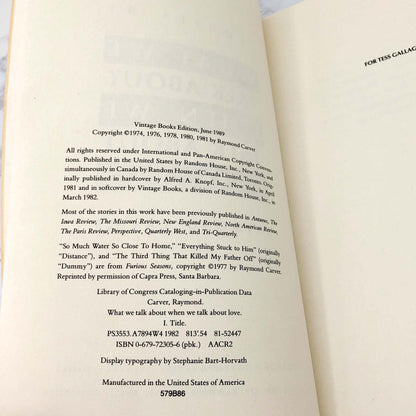 What We Talk About When We Talk About Love: Stories by Raymond Carver [TRADE PAPERBACK] 1989 • Vintage Contemporaries