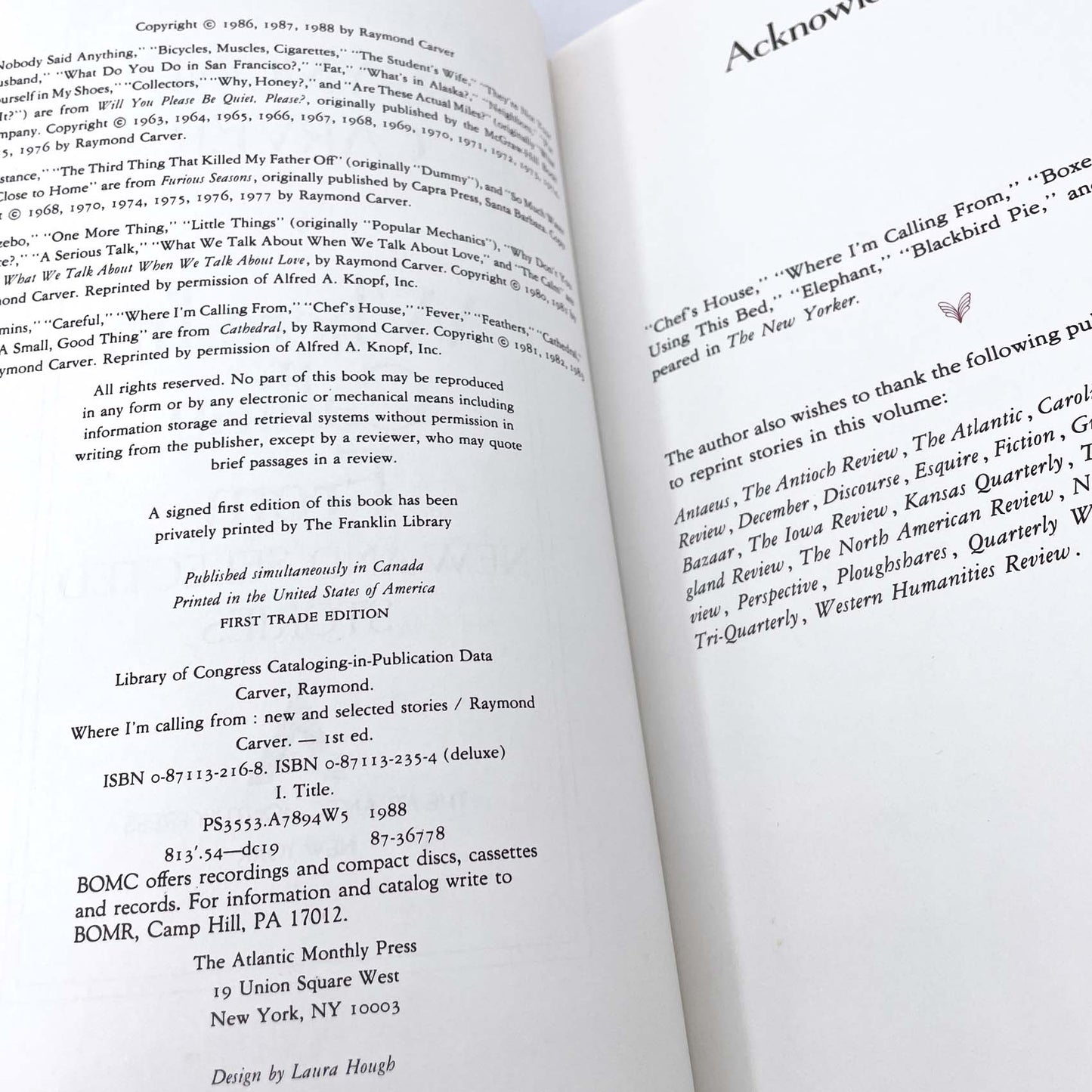 Where I'm Calling From by Raymond Carver [FIRST BOOK CLUB EDITION] 1988 • Atlantic Monthly Press
