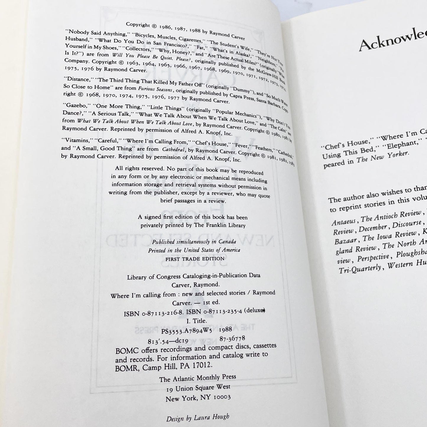 Where I'm Calling From by Raymond Carver [FIRST PAPERBACK PRINTING] 1988 • Atlantic Monthly Press