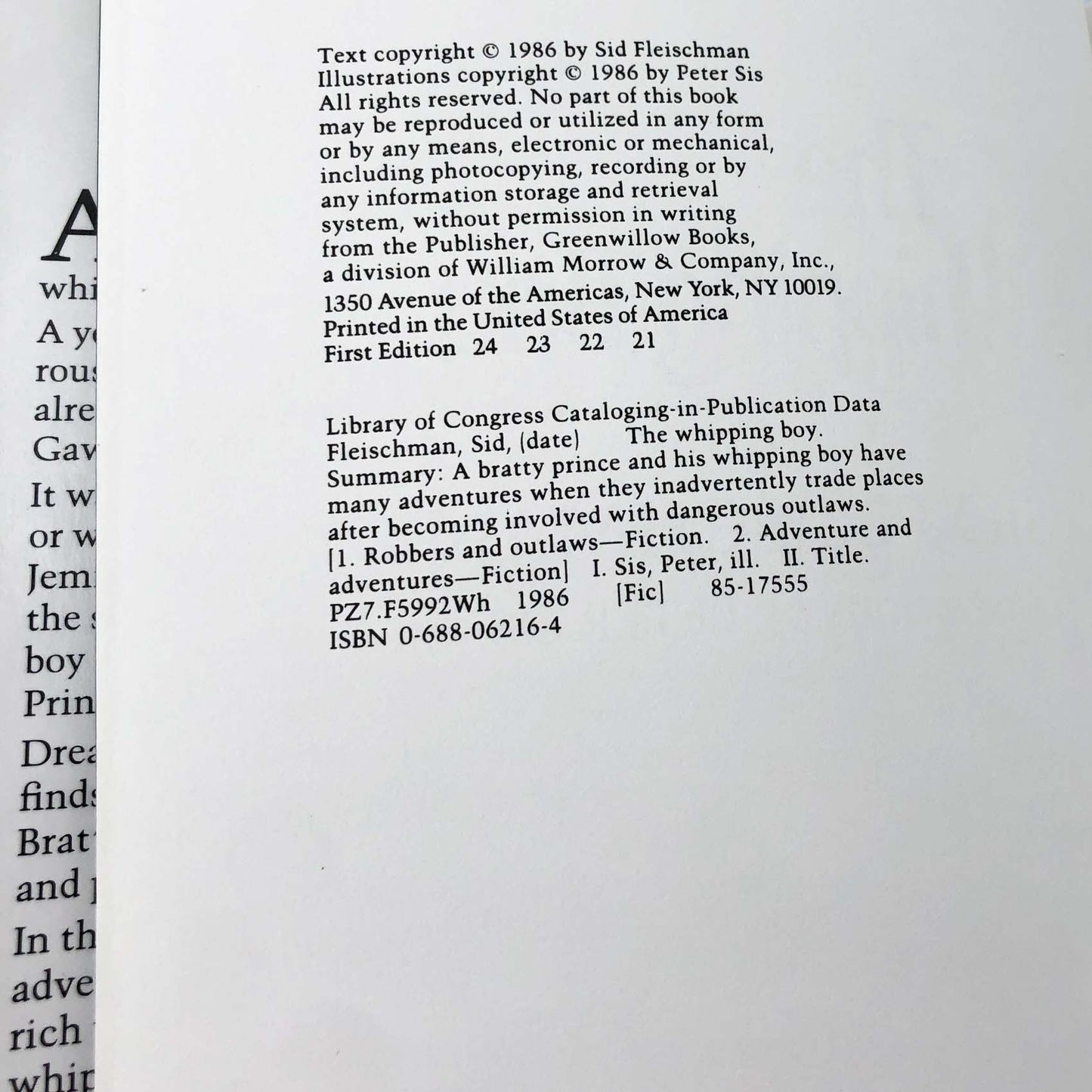 The Whipping Boy by Sid Fleischman [FIRST EDITION] 1986 • Greenwillow Books