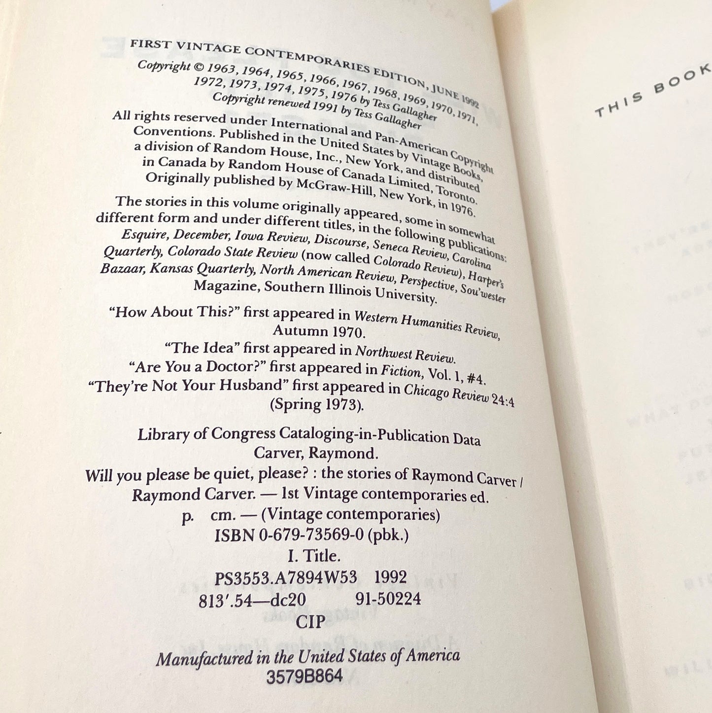 Will You Please Be Quiet, Please? Stories by Raymond Carver [TRADE PAPERBACK] 1992 • Vintage Contemporaries