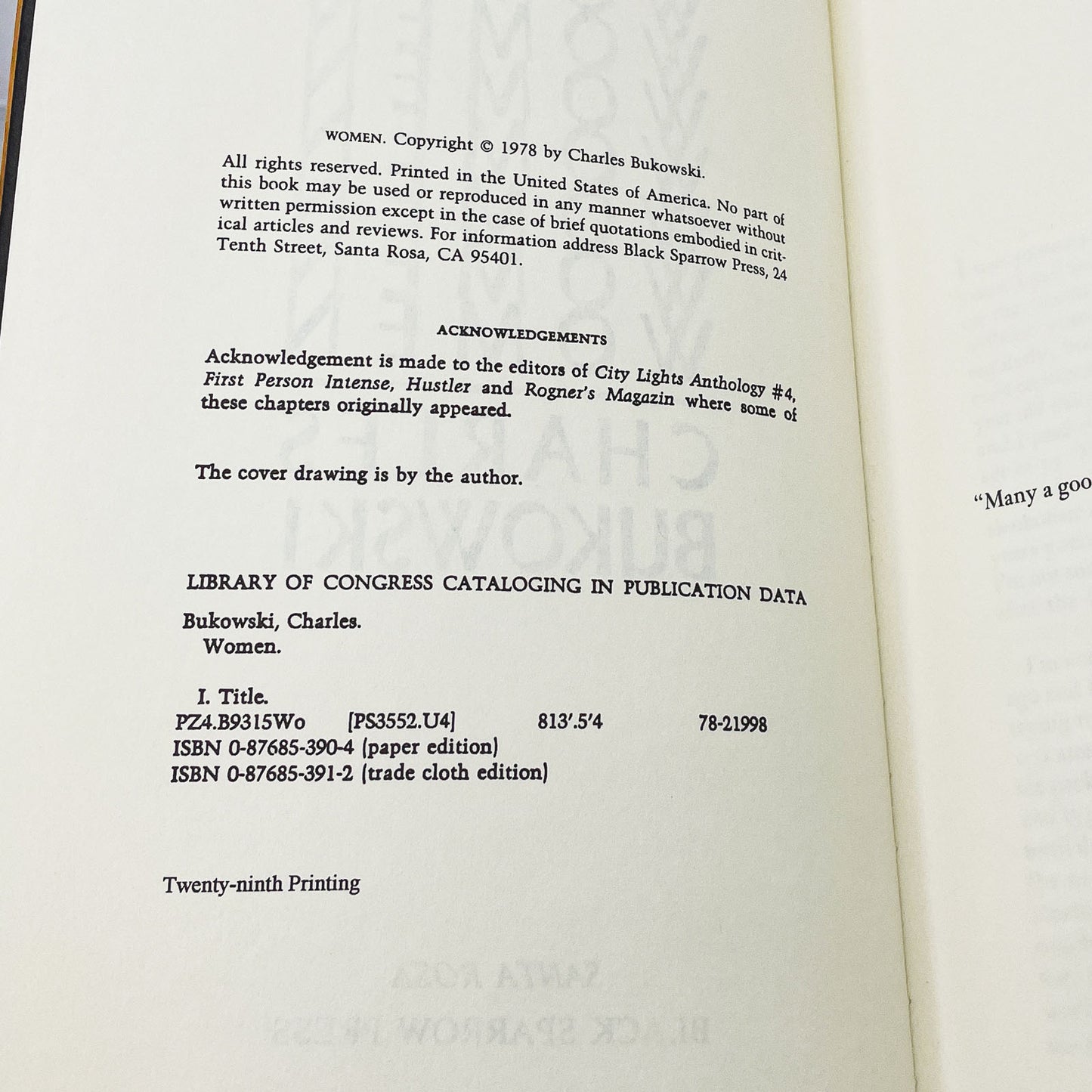 Women by Charles Bukowski [FIRST EDITION PAPERBACK] 29th Print • Black Sparrow Press
