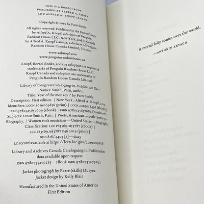 Year of the Monkey by Patti Smith [FIRST EDITION • FIRST PRINTING] 2019 • Knopf