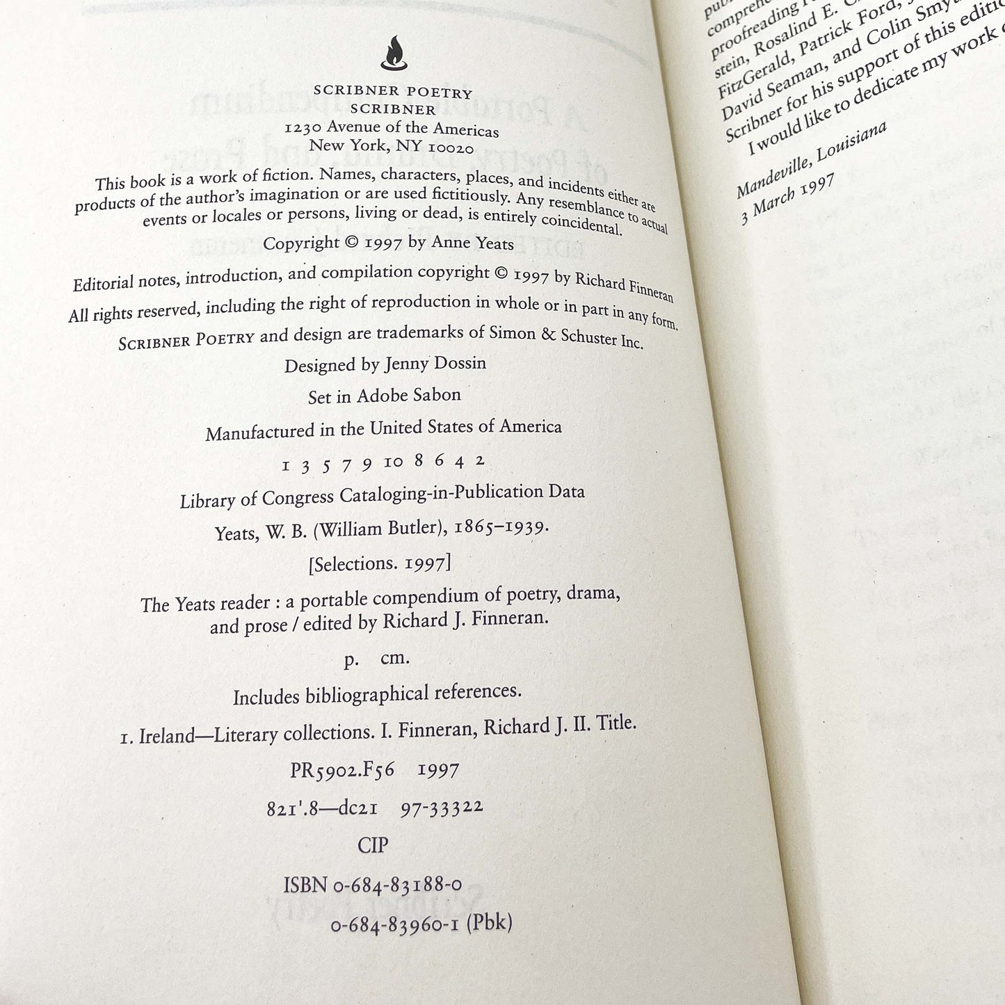 The Yeats Reader edited by Richard J. Finneran [FIRST PAPERBACK PRINTING] 1997 • Scribner