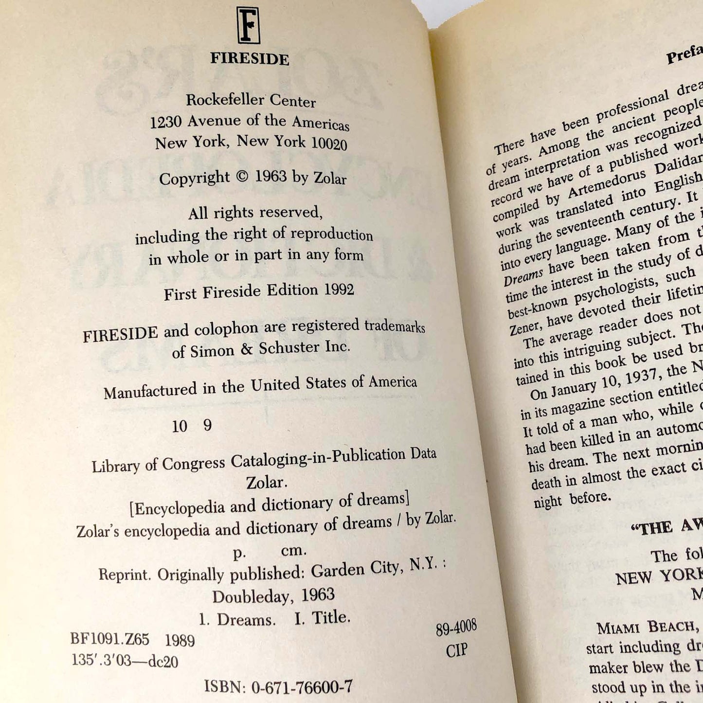 Zolar's Encyclopedia and Dictionary of Dreams [TRADE PAPERBACK RE-ISSUE] 1992 • Fireside