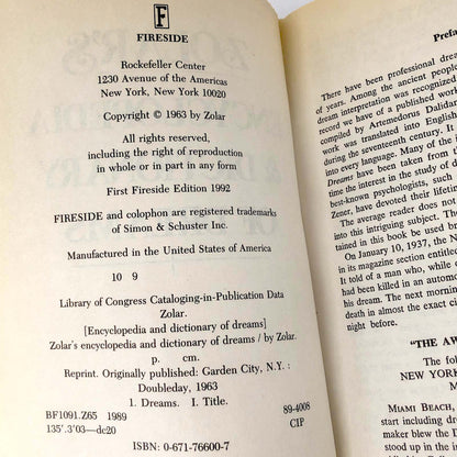 Zolar's Encyclopedia and Dictionary of Dreams [TRADE PAPERBACK RE-ISSUE] 1992 • Fireside