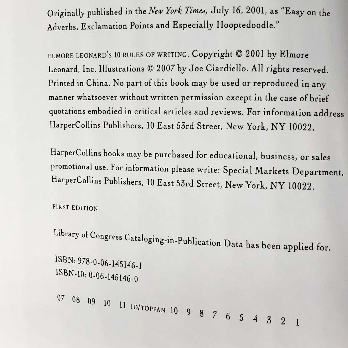 Elmore Leonard's 10 Rules of Writing [FIRST EDITION / FIRST PRINTING]