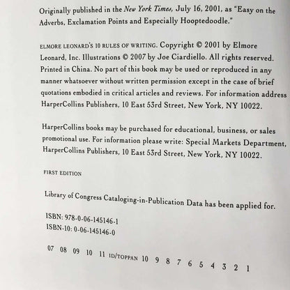 Elmore Leonard's 10 Rules of Writing [FIRST EDITION / FIRST PRINTING]