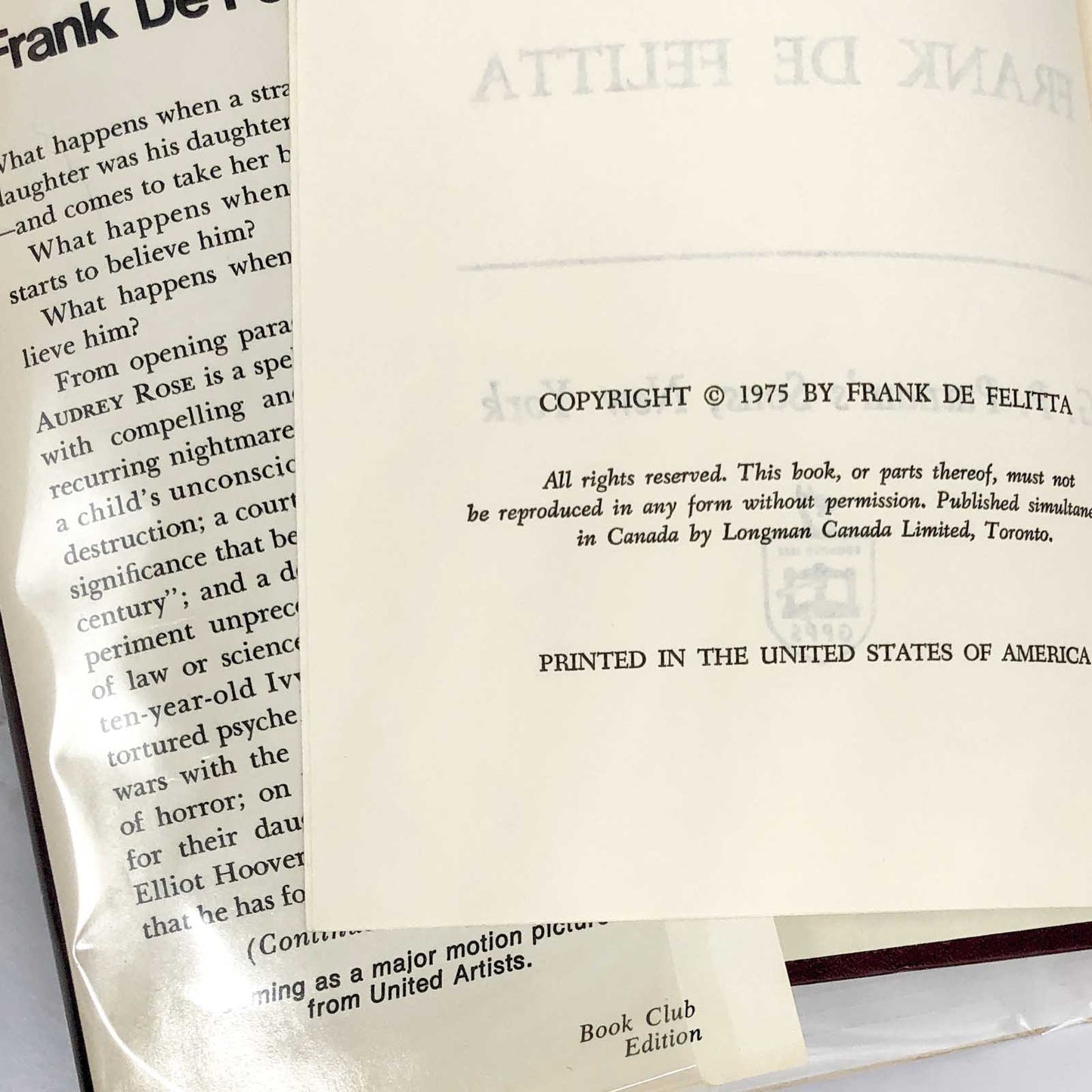 Audrey Rose by Frank De Felitta [1975 HARDCOVER] BCE • G.P. Putnam's Sons