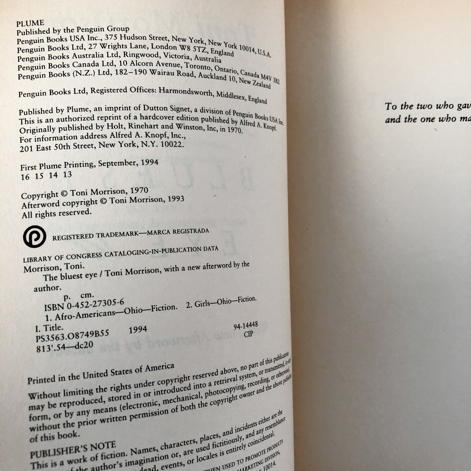 The Bluest Eye by Toni Morrison [1994 TRADE PAPERBACK] - Bookshop Apocalypse