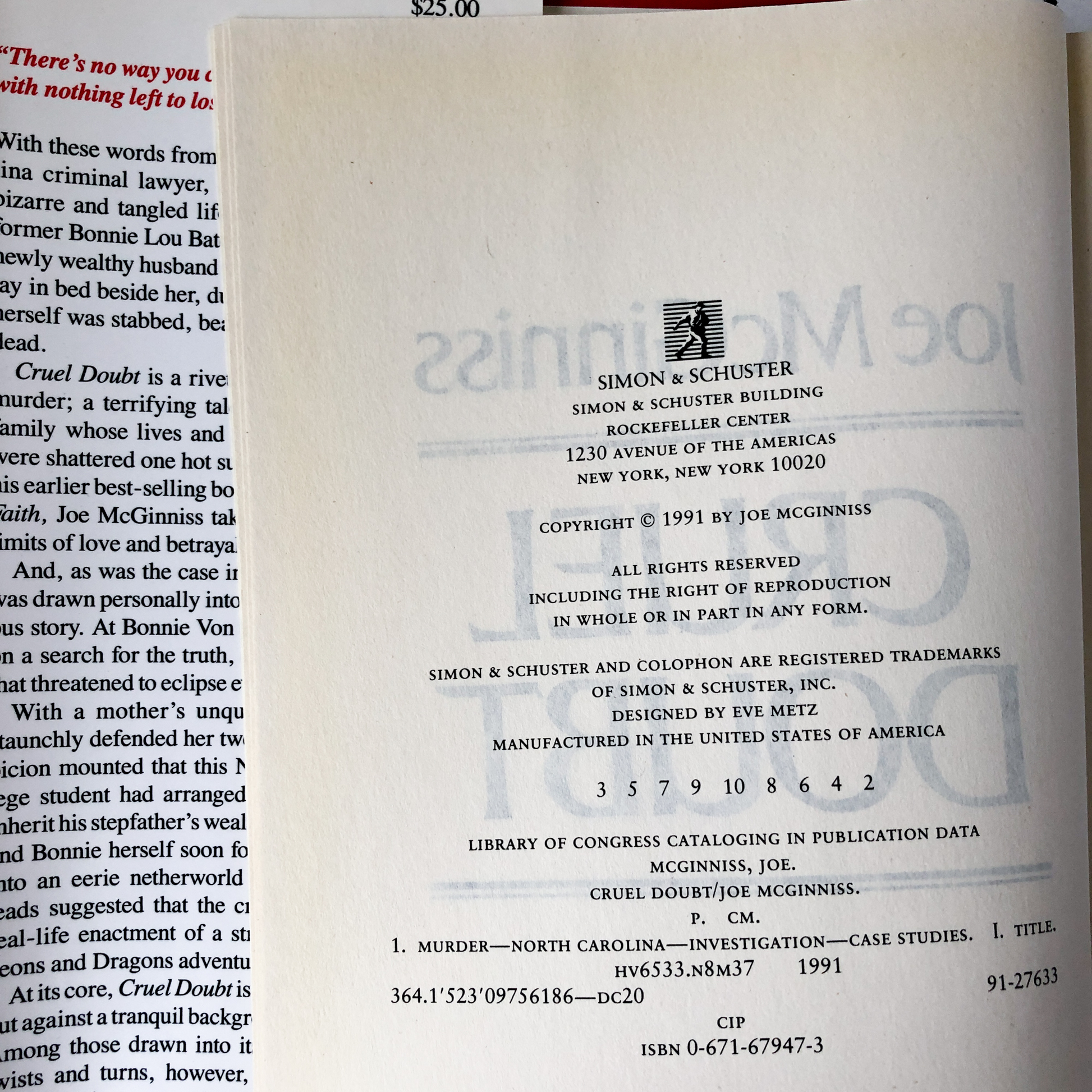 Cruel Doubt by Joe McGinniss [FIRST EDITION / 1991] - Bookshop Apocalypse