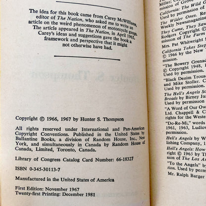 Hell's Angels: A Strange and Terrible Saga by Hunter S. Thompson [1981 PAPERBACK]