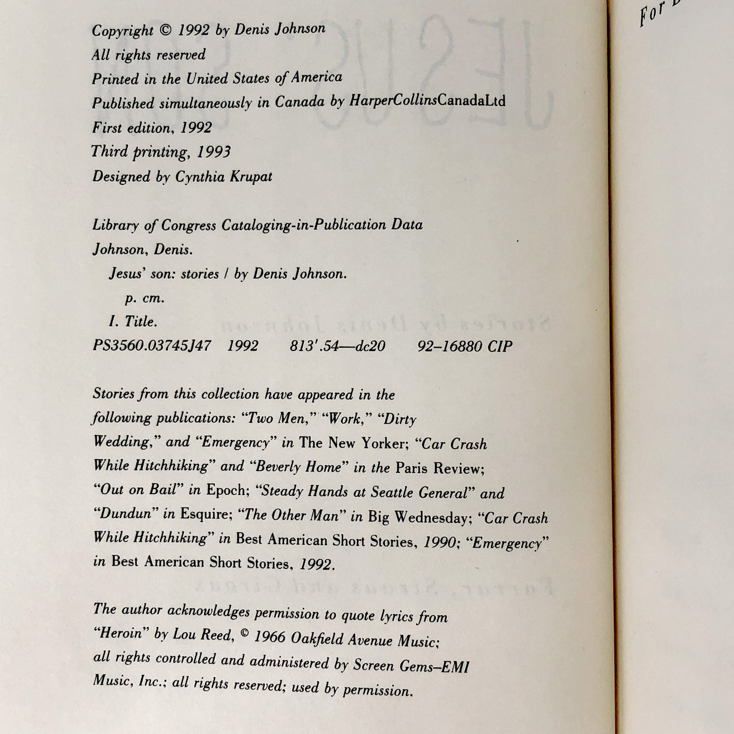 Jesus' Son by Denis Johnson [FIRST EDITION] 1993