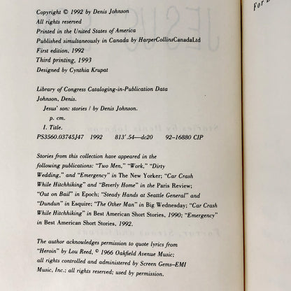Jesus' Son by Denis Johnson [FIRST EDITION] 1993