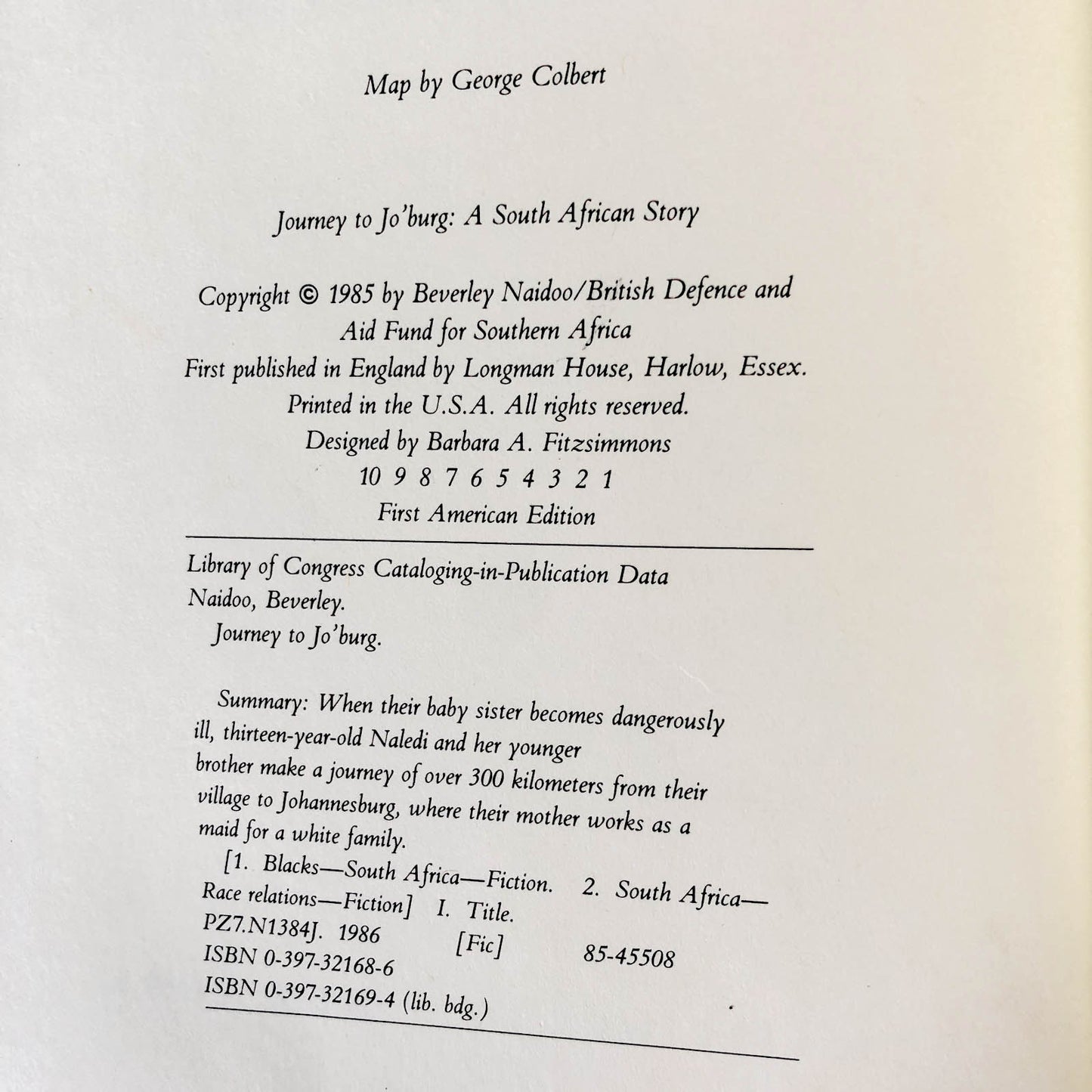 Journey to Jo'burg by Beverly Naidoo [FIRST EDITION / FIRST PRINTING]