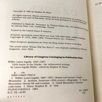 Little House in the Ozarks: The Rediscovered Writings by Laura Ingalls Wilder [FIRST EDITION] 1991 • Thomas Nelson