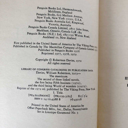 The Manticore by Robertson Davies [1979 PAPERBACK]