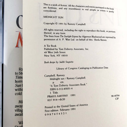 Midnight Sun by Ramsey Campbell [FIRST EDITION • FIRST PRINTING] 1991 • TOR Horror