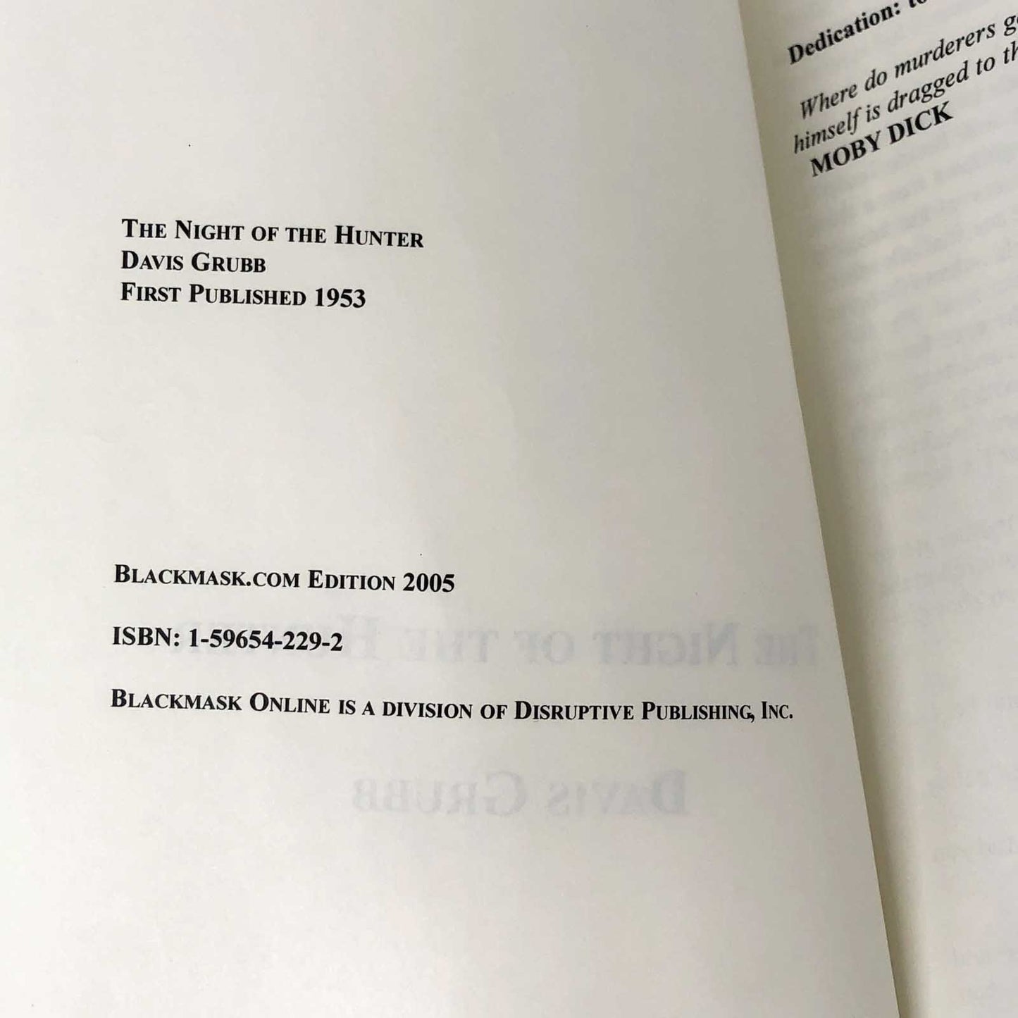 The Night Of The Hunter by Davis Grubb [TRADE PAPERBACK RE-ISSUE] 2005 • Blackmask