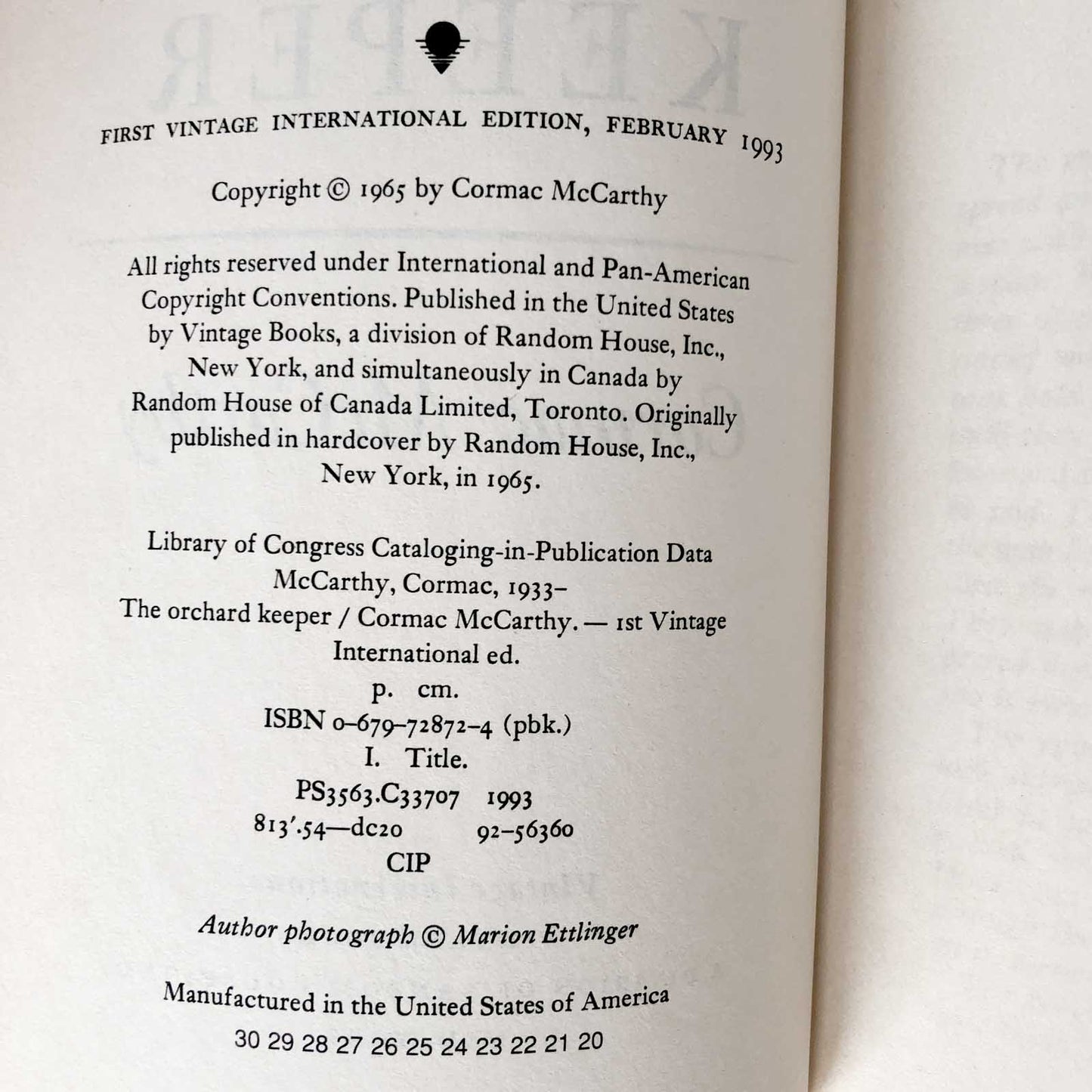 The Orchard Keeper by Cormac Mccarthy [TRADE PAPERBACK] 1993