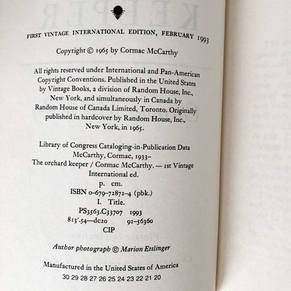 The Orchard Keeper by Cormac Mccarthy [TRADE PAPERBACK] 1993