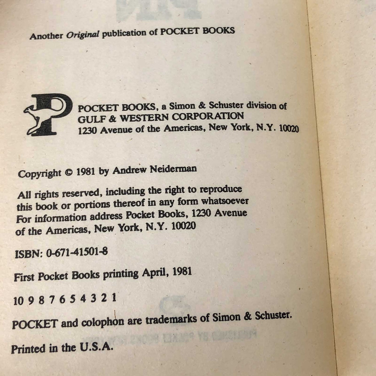 PIN by Andrew Neiderman [FIRST EDITION / FIRST PRINTING] 1981