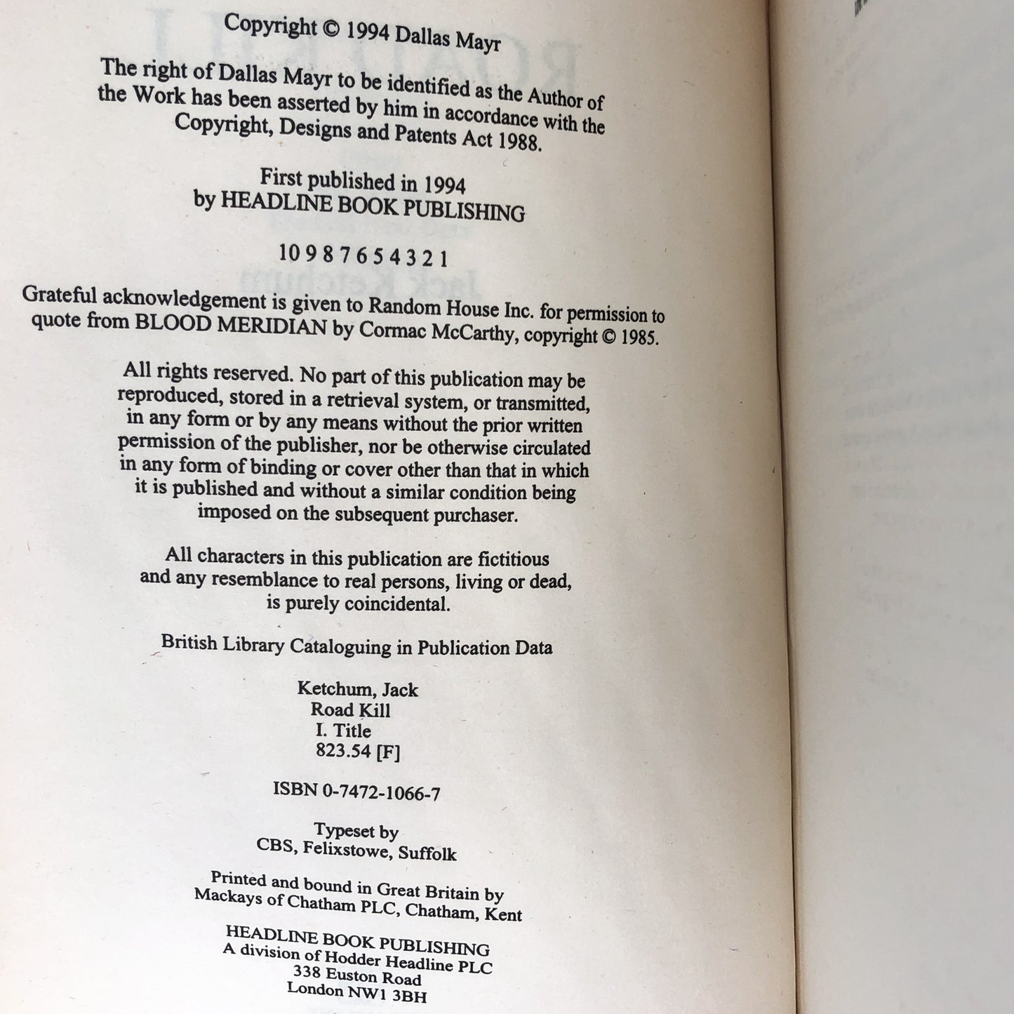 Road Kill by Jack Ketchum [U.K. FIRST EDITION] 1994 ❧ Headline