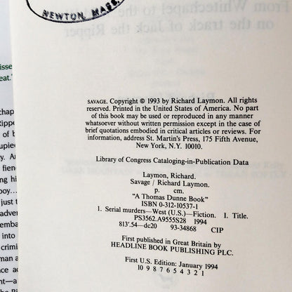 Savage by Richard Laymon [U.S. FIRST EDITION / FIRST PRINTING] 1994
