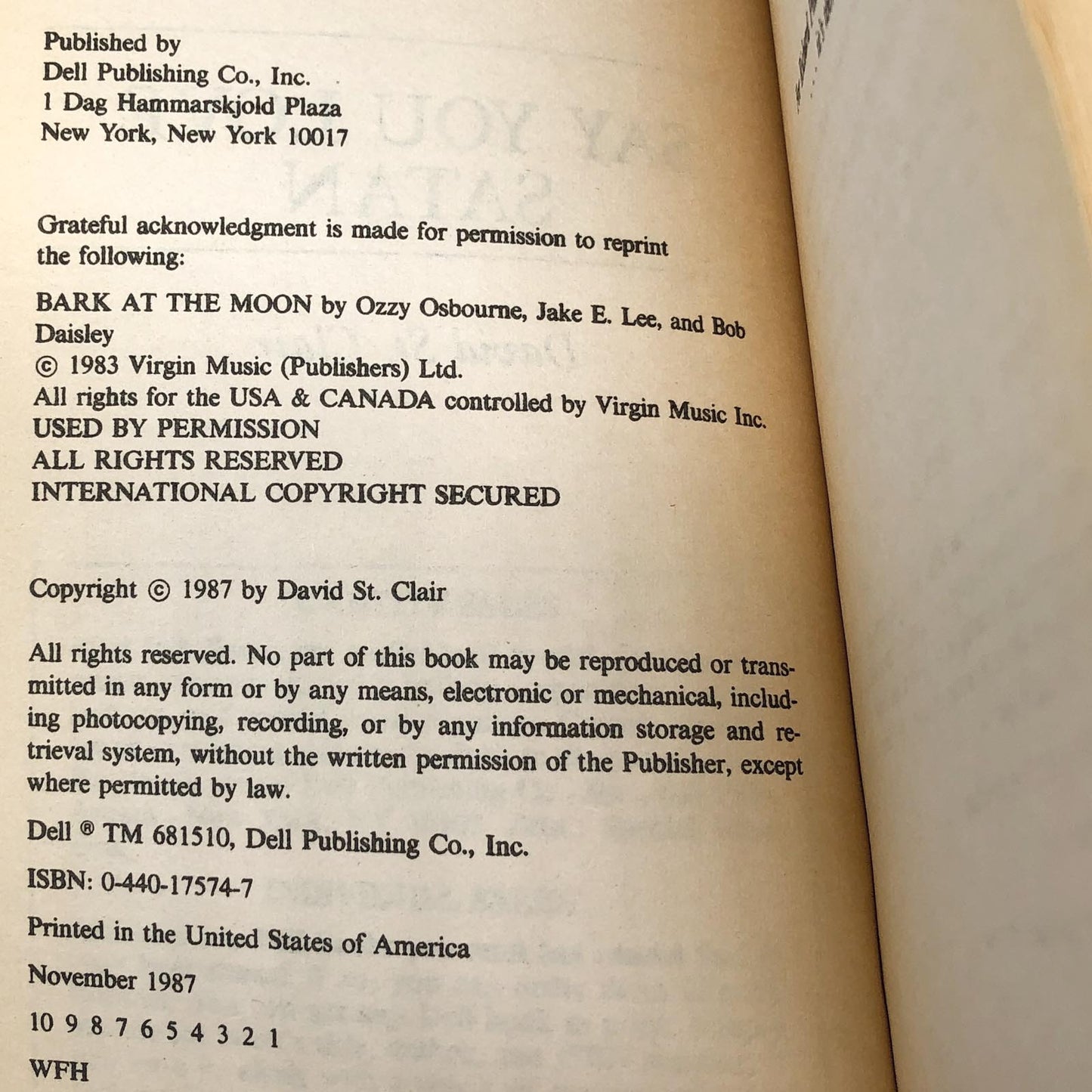 Say You Love Satan by David St. Clair [FIRST EDITION / 1987]