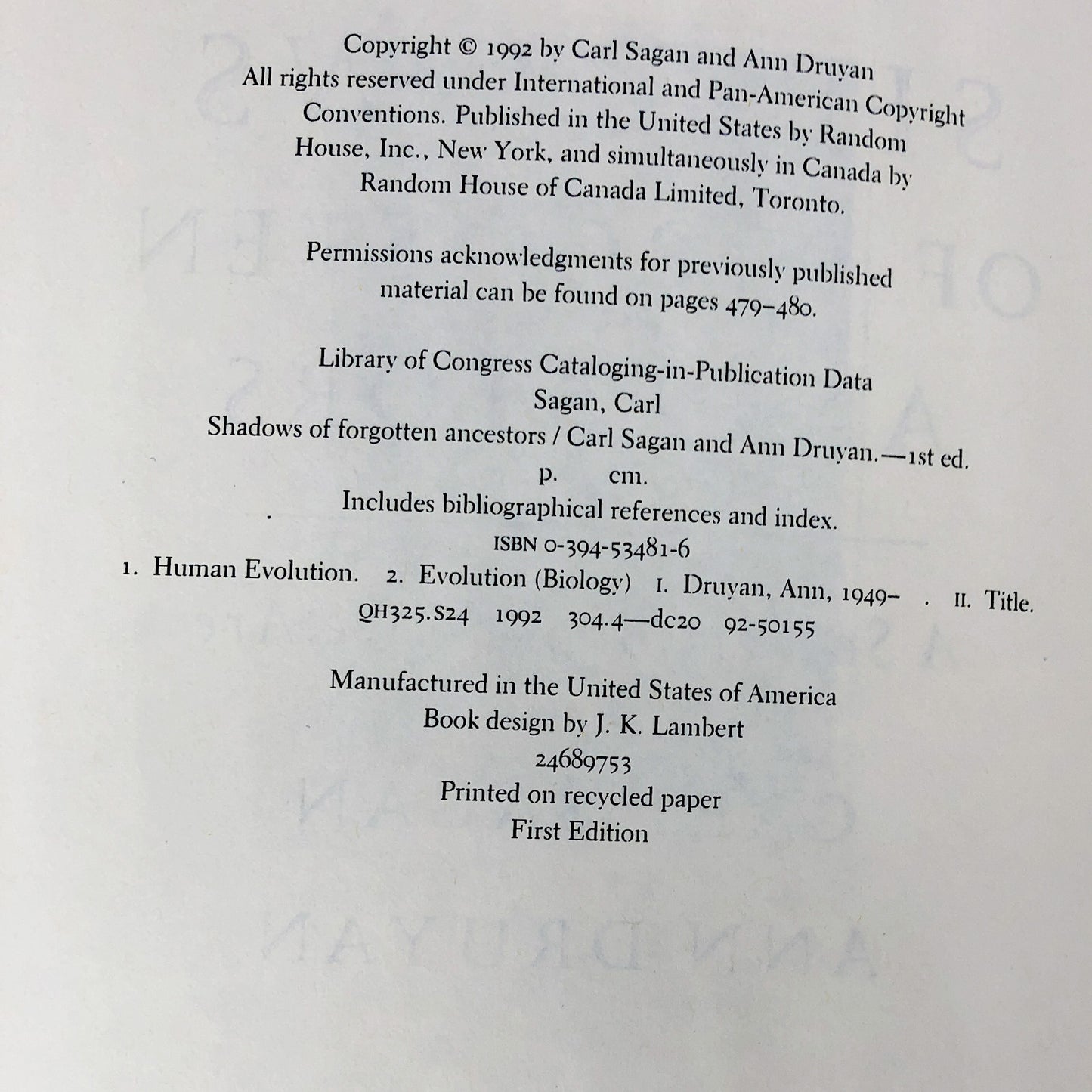 Shadows of Forgotten Ancestors by Carl Sagan & Ann Druyan [FIRST EDITION] 1992