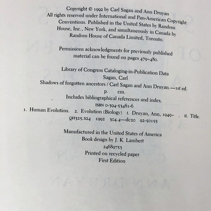 Shadows of Forgotten Ancestors by Carl Sagan & Ann Druyan [FIRST EDITION] 1992