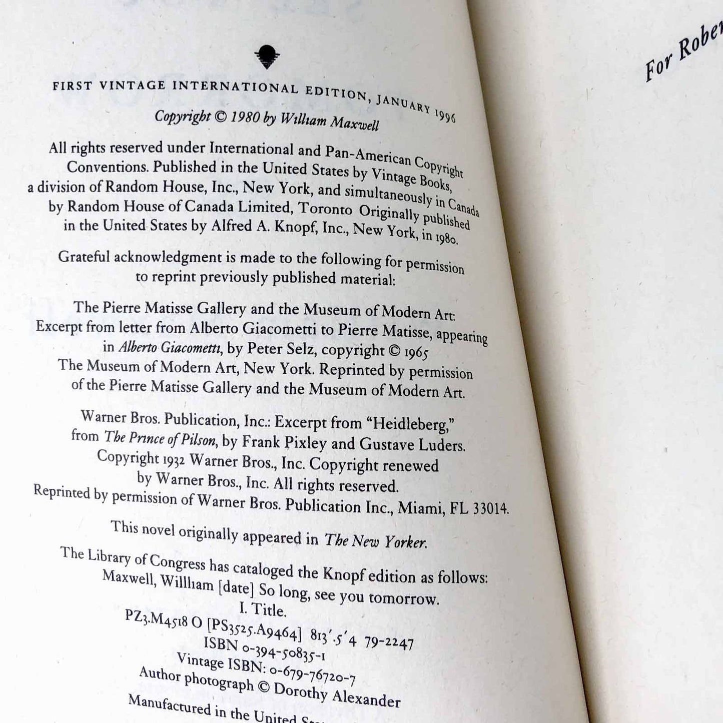 So Long, See You Tomorrow by William Maxwell [TRADE PAPERBACK] 1996