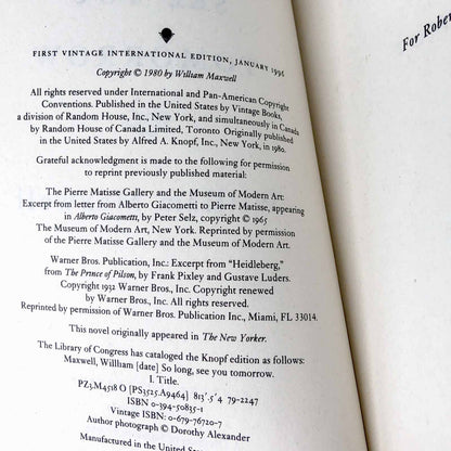 So Long, See You Tomorrow by William Maxwell [TRADE PAPERBACK] 1996