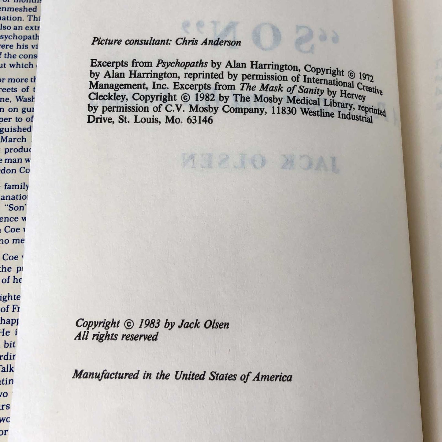 SON A Psychopath & His Victims by Jack Olsen [1983 HARDCOVER] • BCE • Atheneum