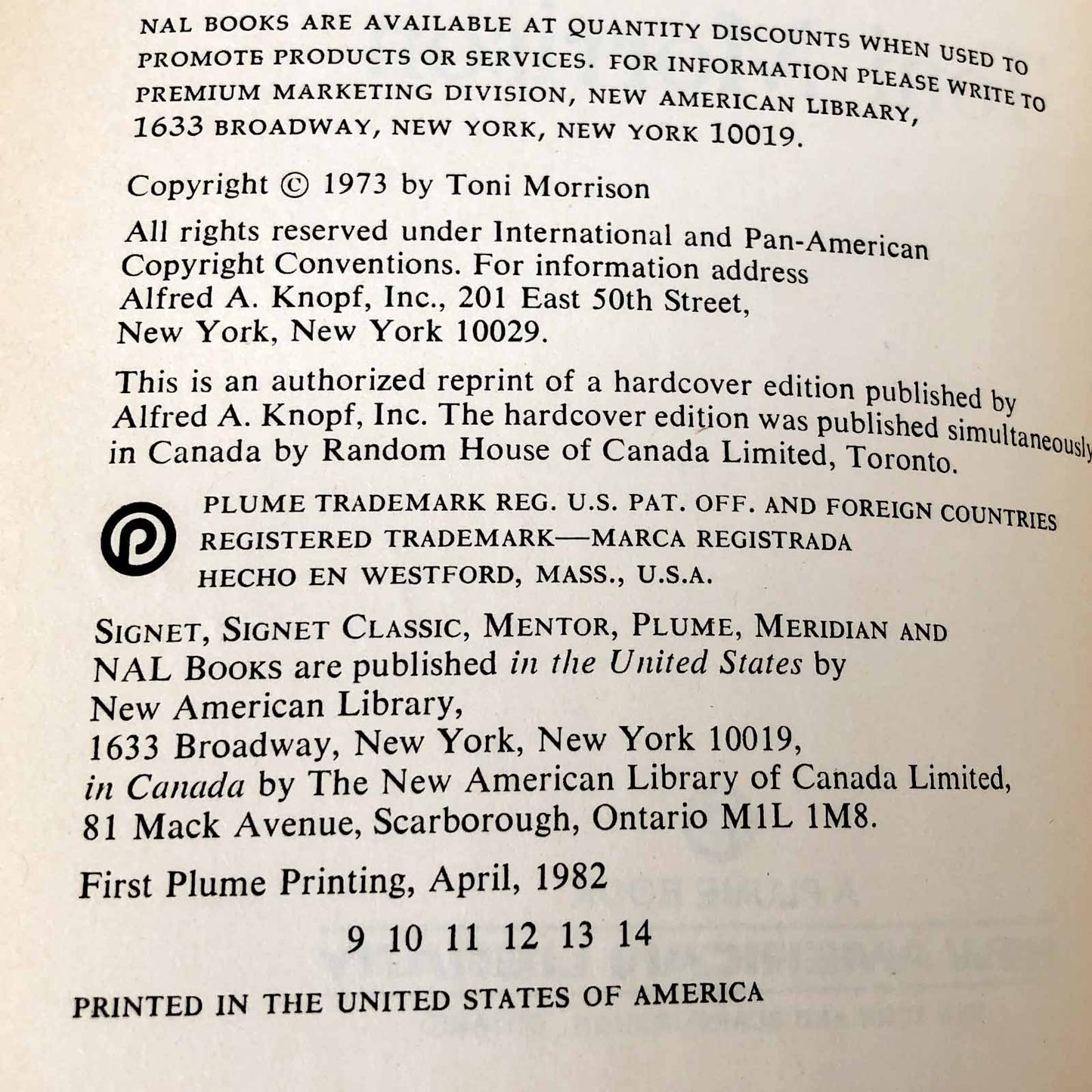 Sula by Toni Morrison SIGNED! [1982 TRADE PAPERBACK] Plume Books