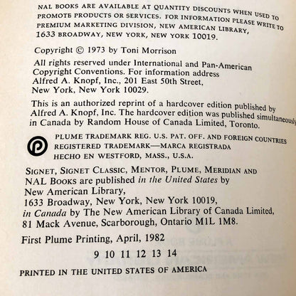 Sula by Toni Morrison SIGNED! [1982 TRADE PAPERBACK] Plume Books